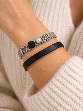 Silver Mesh Charm Bracelet + Black Leather Band Stack Duo